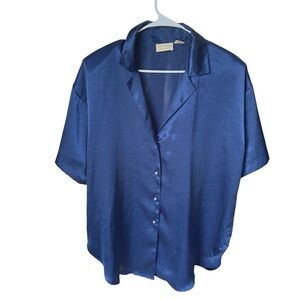 Victoria’s Secret Vintage 90’s Navy Blue Satin Pajama‎ Shirt Small Shoulder Pads